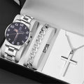 Versatile Men's Business Sports Quartz Watch & 2pcs Cross Jewelry Set