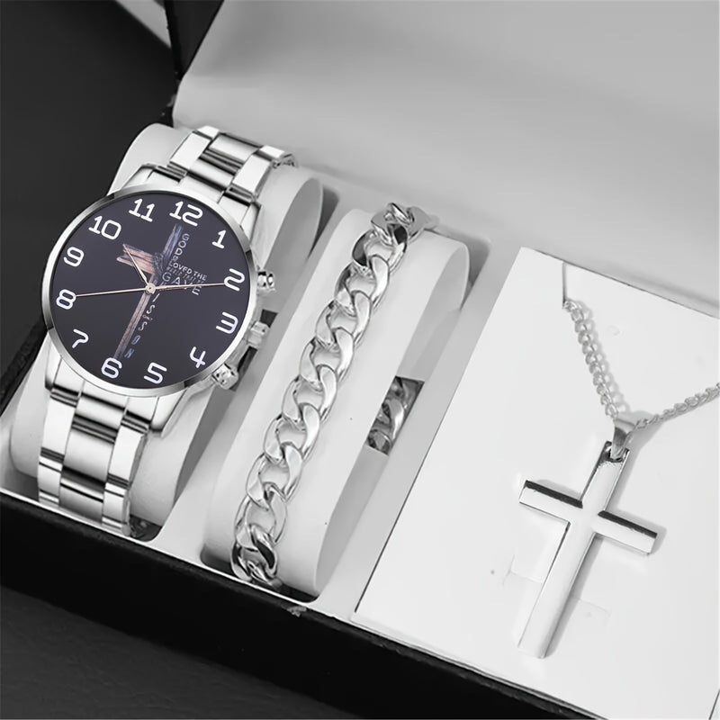 Versatile Men's Business Sports Quartz Watch & 2pcs Cross Jewelry Set