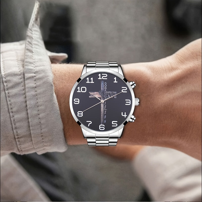 Versatile Men's Business Sports Quartz Watch & 2pcs Cross Jewelry Set