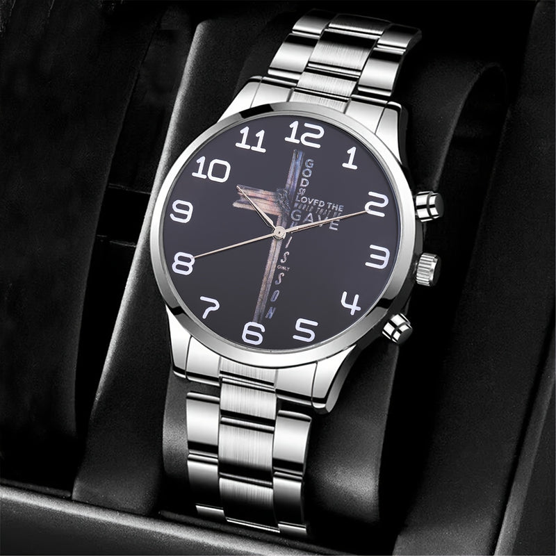 Versatile Men's Business Sports Quartz Watch & 2pcs Cross Jewelry Set