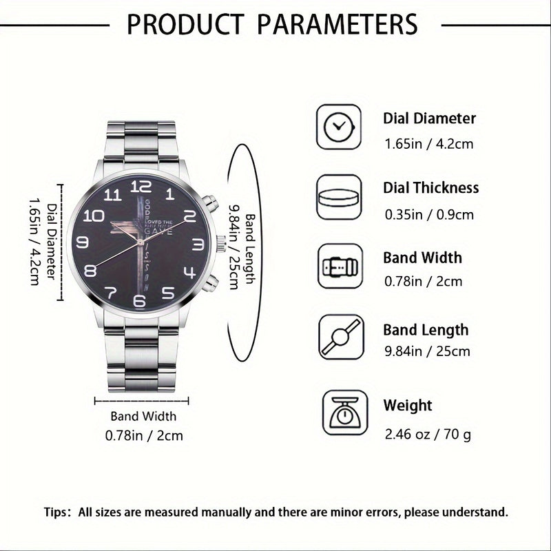 Versatile Men's Business Sports Quartz Watch & 2pcs Cross Jewelry Set
