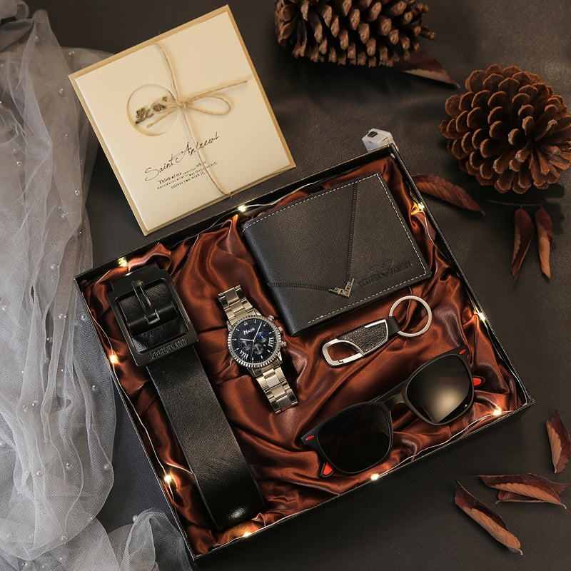 6pcs Men's Luxury Gift Set with Analog Quartz Watch